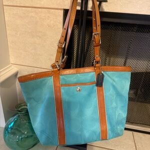 Coach Turquoise and Brown Tote Bag